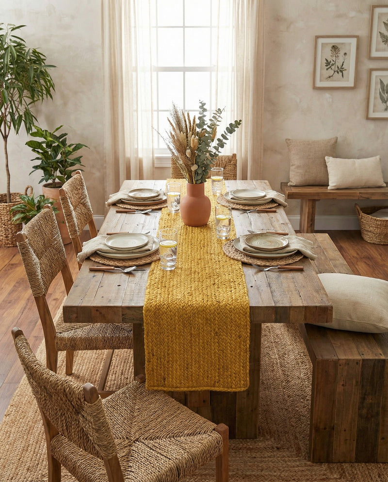 Woven Seaside Jute Collection Area Rug - Savannah (Yellow) Table Runner Yellow  lifestyle 56