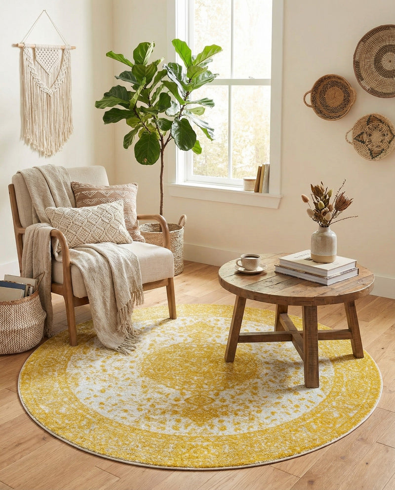 Dover Terrace Collection Area Rug - Marina (Yellow) Round Yellow  lifestyle 37