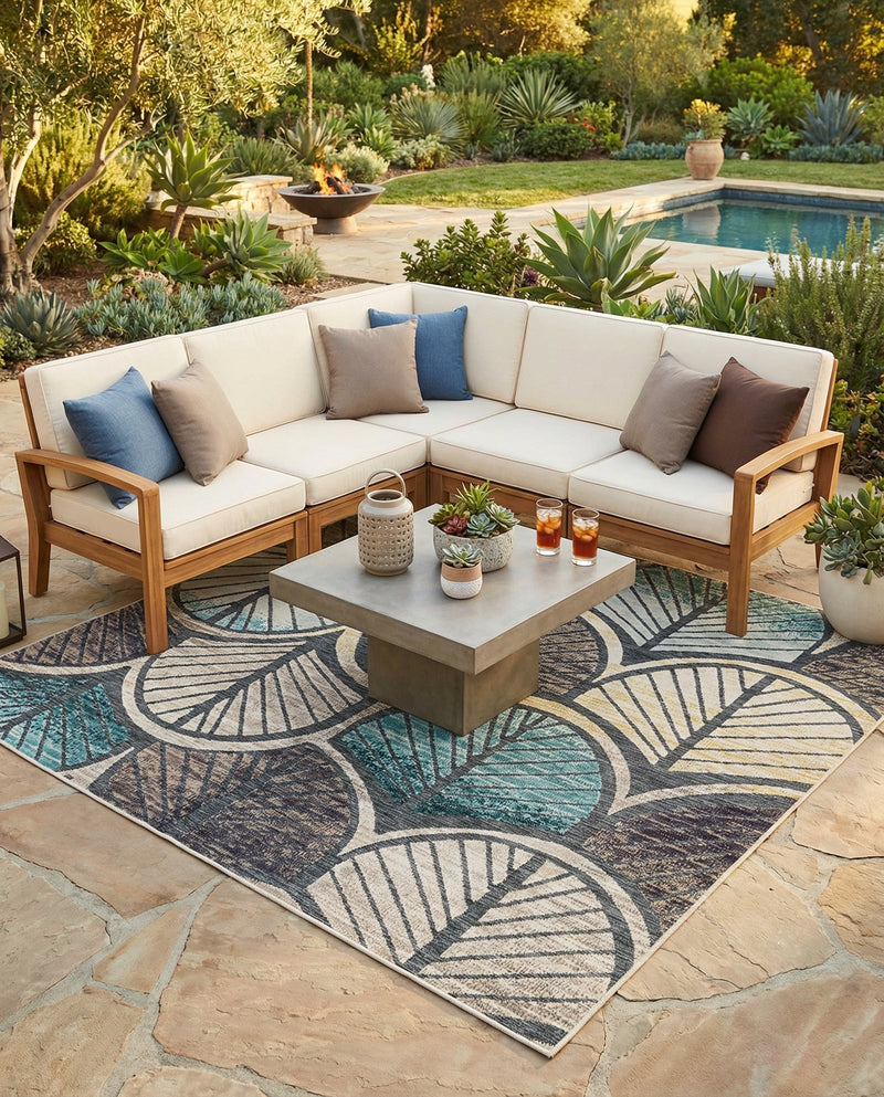 Outdoor Marrakesh Collection Area Rug -  Rabat Square Gray Blue Ivory  lifestyle 71