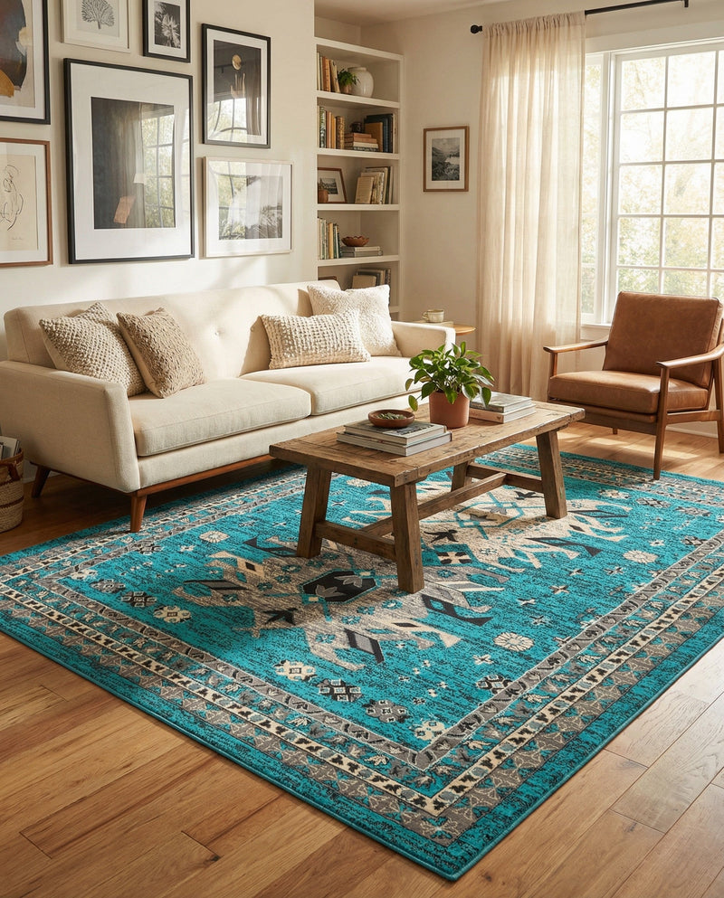Tabriz Tapestries Collection Area Rug - Azerbaijan (Turquoise) Rectangle Turquoise  lifestyle 7