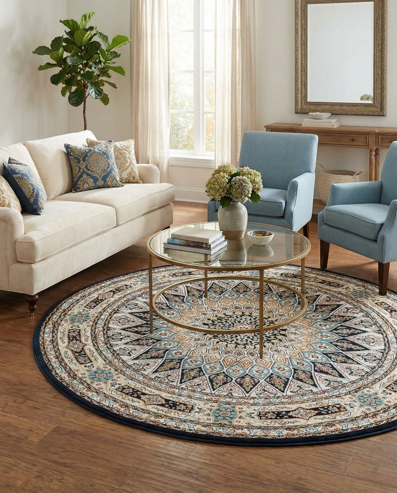 Persian Elegance Collection Area Rug -  Hamedan (Navy Blue) Round Navy Blue  lifestyle 28
