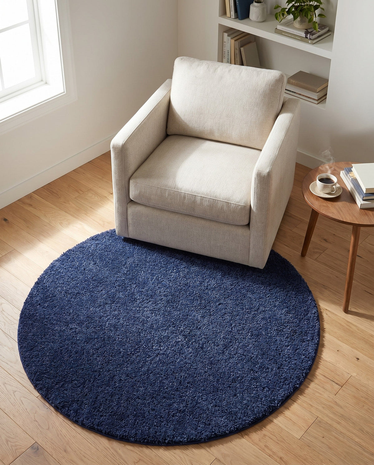 Solid Shag Seaside Collection Area Rug - Azure Cove (Navy Blue) Round Navy Blue  lifestyle 93