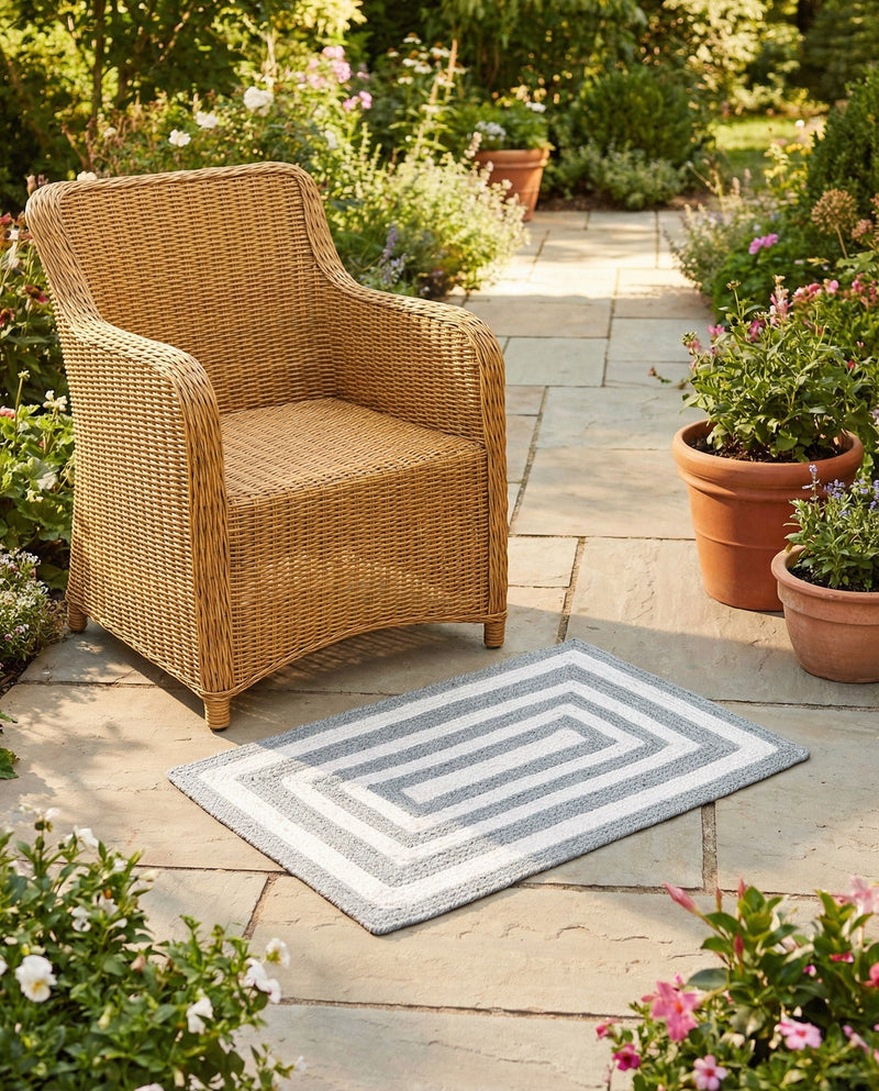 Sustainable Strands Indoor-Outdoor Oasis Collection Area Rug - Harborview Rectangle Gray and White  lifestyle 34