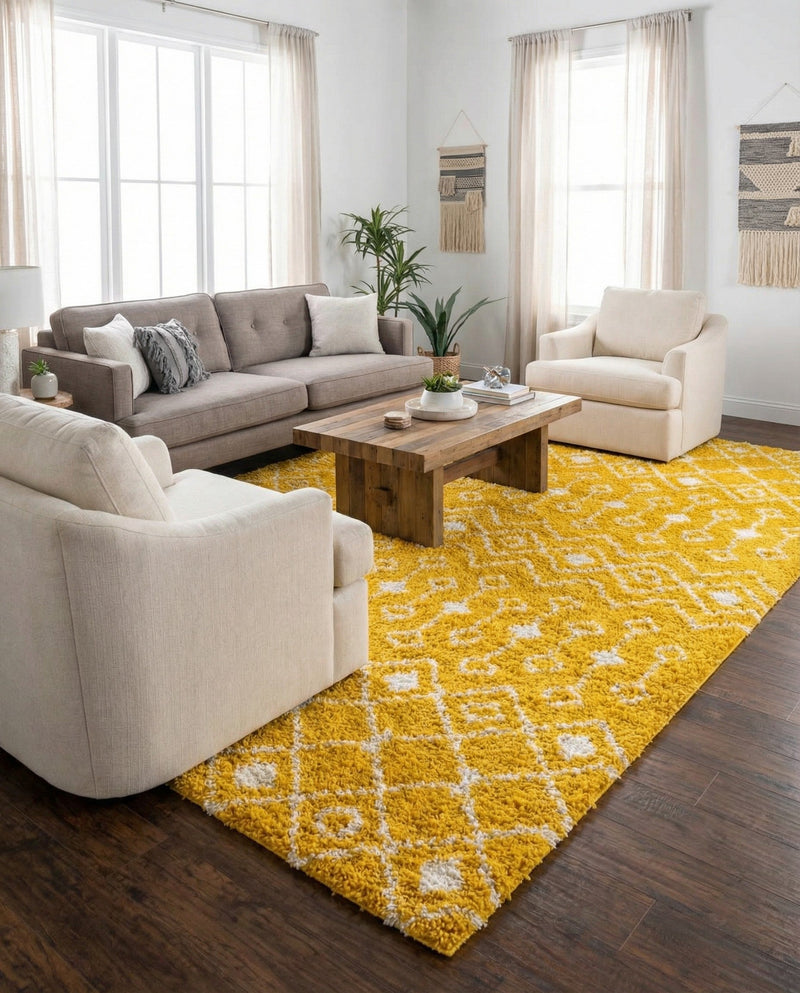 Berber Lattice Shag Collection Area Rug - Atlas (Yellow) Rectangle Yellow  lifestyle 8