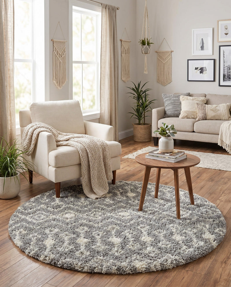 Berber Lattice Shag Collection Area Rug - Atlas (Gray) Round Gray  lifestyle 69