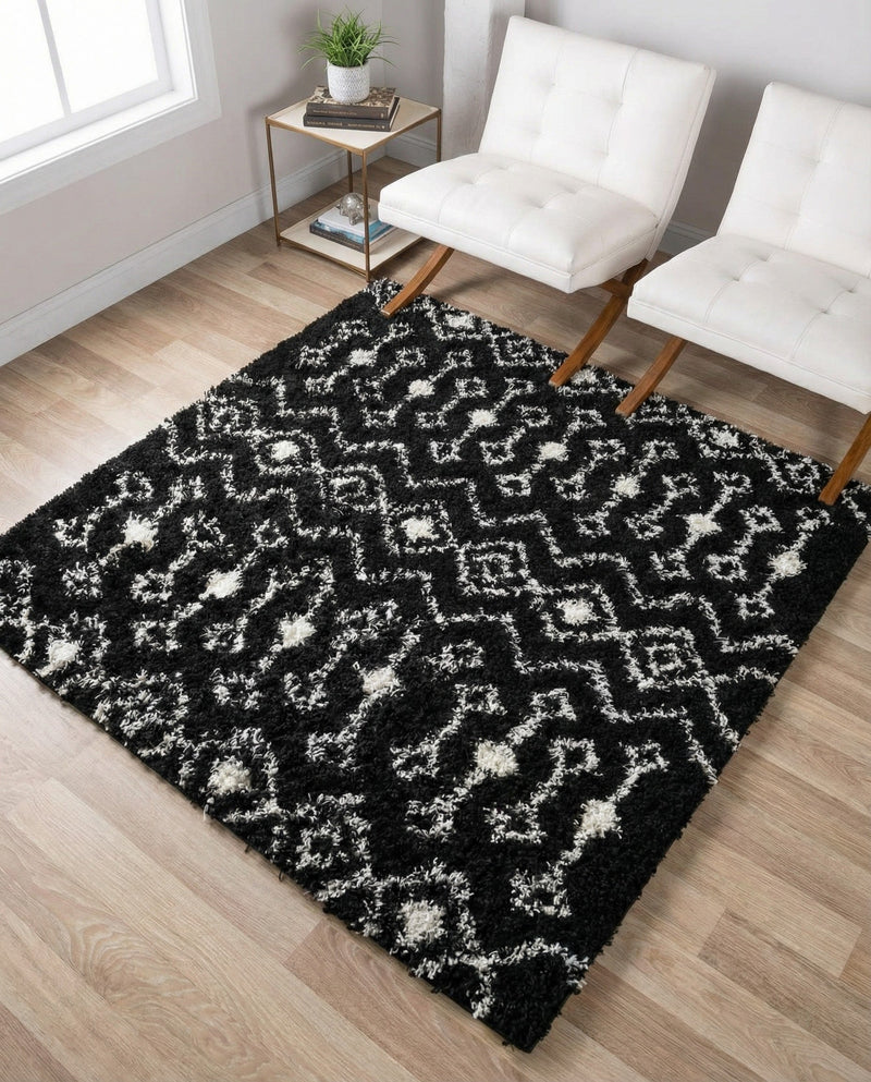 Berber Lattice Shag Collection Area Rug - Atlas (Black and White) Square Black and White  lifestyle 31