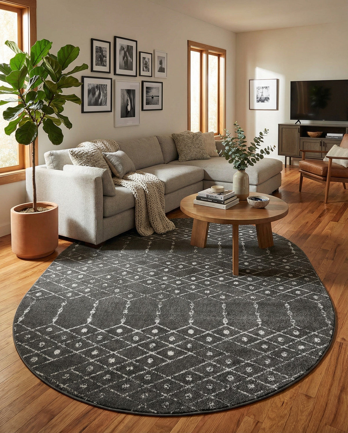 Marrakesh Lattice Collection Area Rug - Casablanca (Charcoal Gray) Oval Charcoal Gray  lifestyle 84