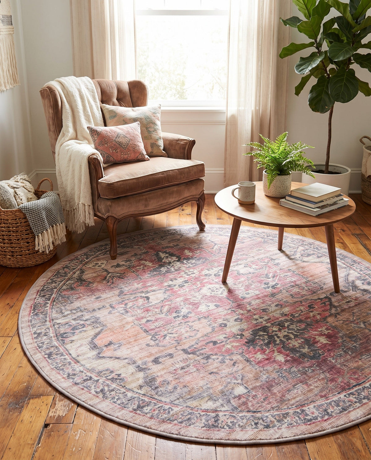Vintage Memories Collection Area Rug - Echoes Round Beige and Pink  lifestyle 108