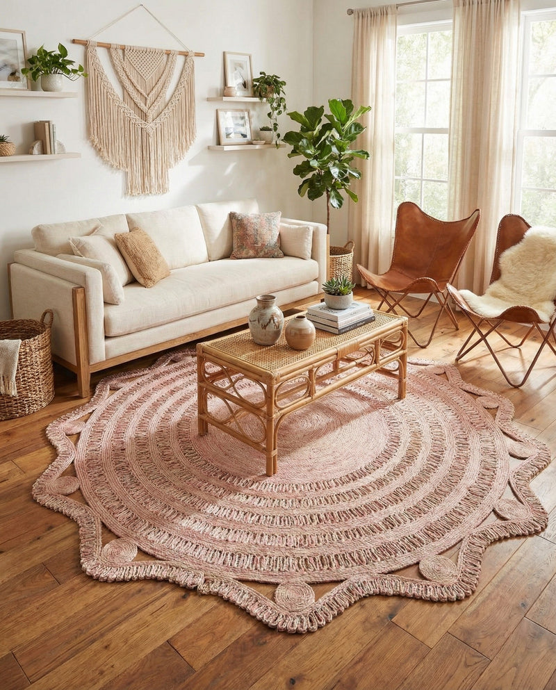 Woven Seaside Jute Collection Area Rug - Nantucket Round Pink and White  lifestyle 41