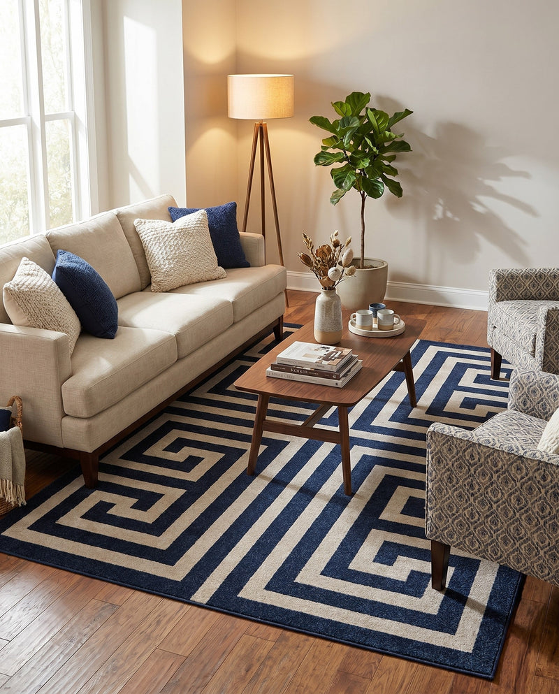 Aegean Labyrinth Collection Area Rug -  Mykonos Rectangle Navy Blue  lifestyle 15