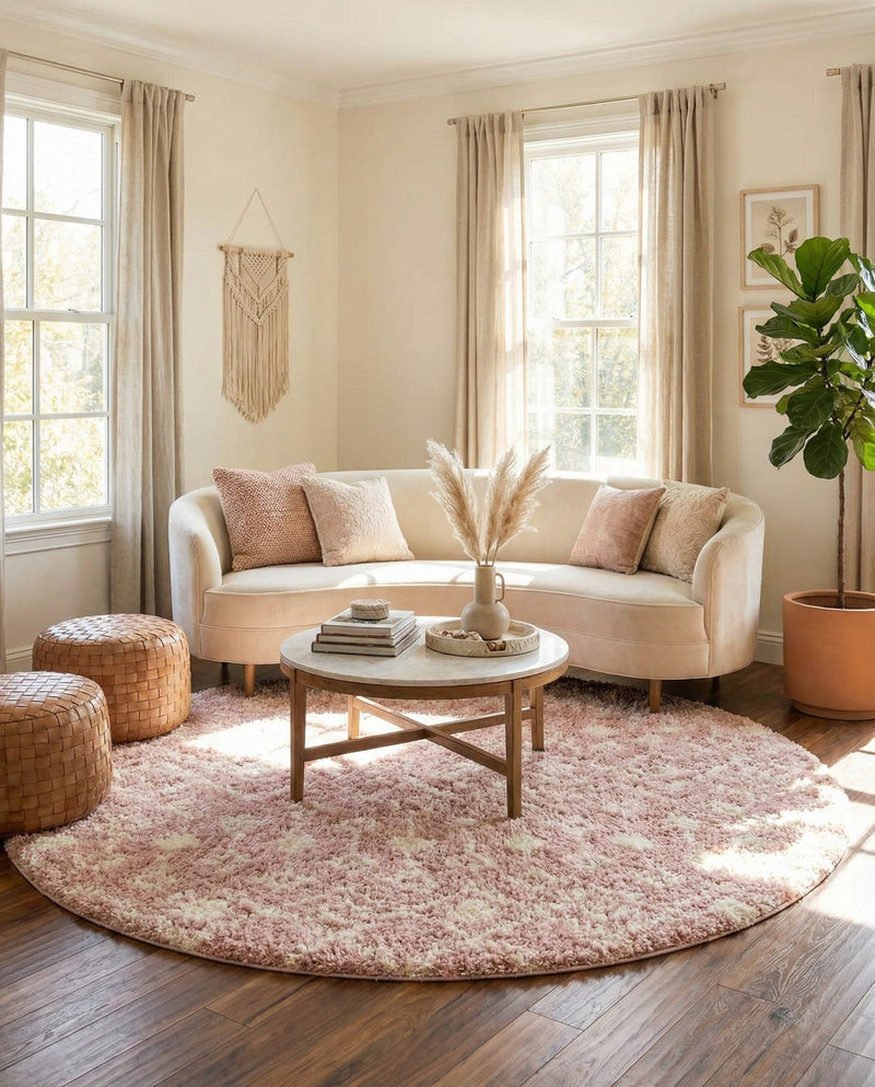 Berber Lattice Shag Collection Area Rug - Atlas (Light Pink) Round Light Pink  lifestyle 31
