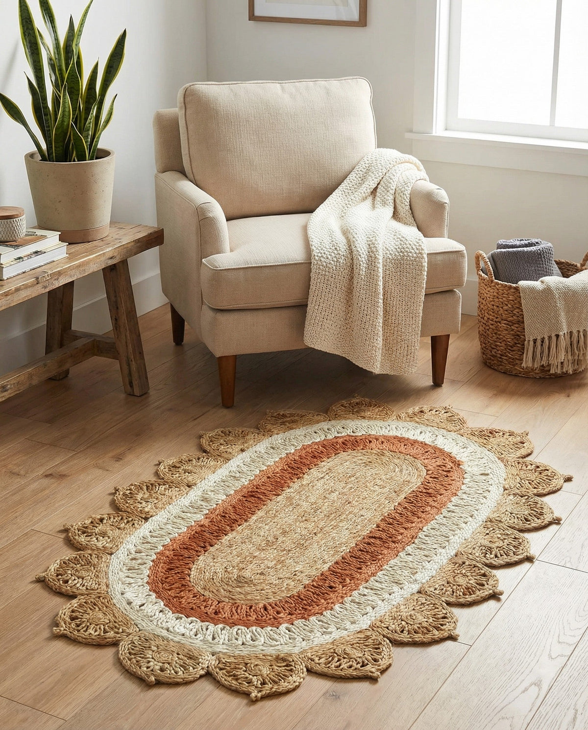 Woven Seaside Jute Collection Area Rug - Coastalhaven (Natural White Orange Pink) Oval Natural White Orange Pink  lifestyle 15