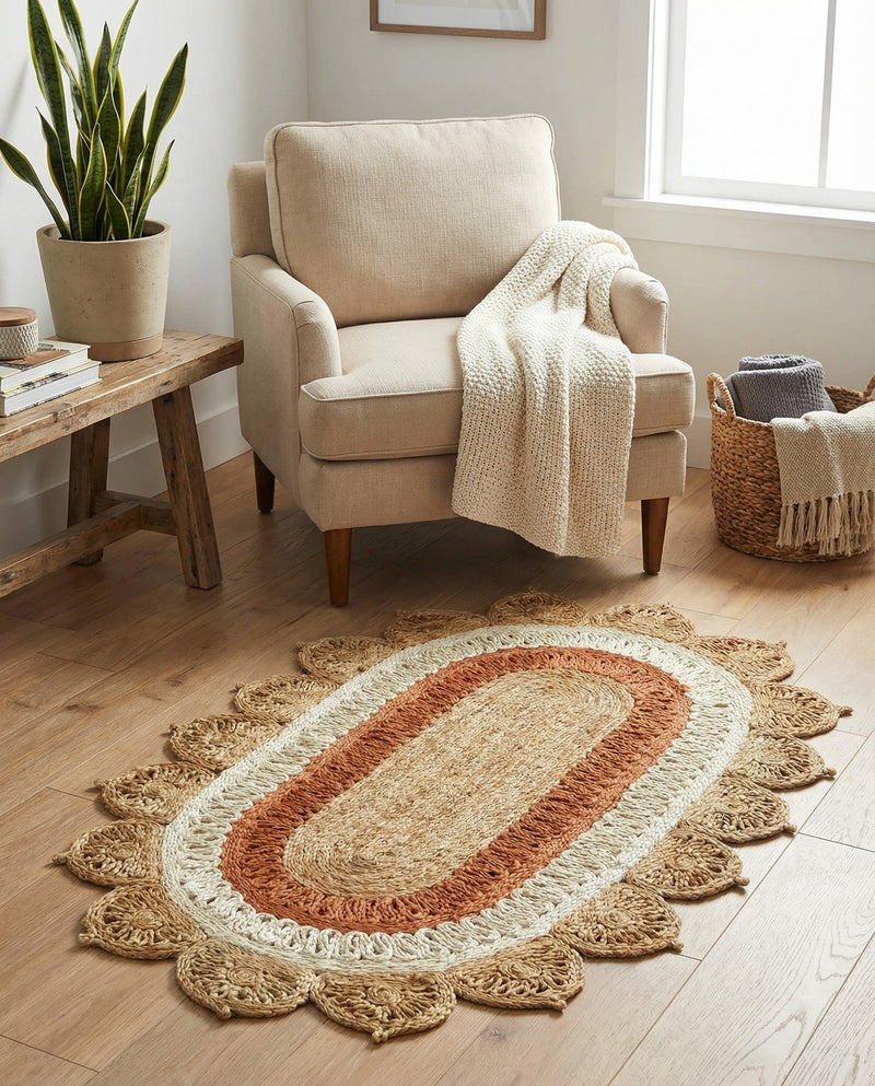 Woven Seaside Jute Collection Area Rug - Coastalhaven (Natural White Orange Pink) Oval Natural White Orange Pink  lifestyle 15