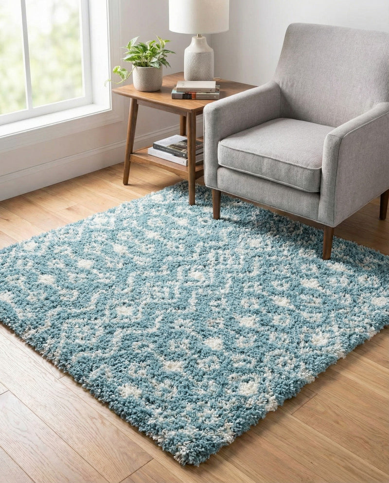 Berber Lattice Shag Collection Area Rug - Atlas (Light Blue) Square Light Blue  lifestyle 35