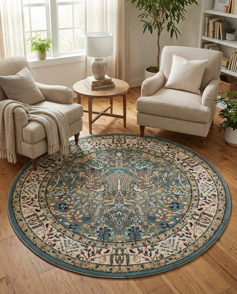 Persian Elegance Collection Area Rug -  Kerman (Blue) Round Blue  lifestyle 52