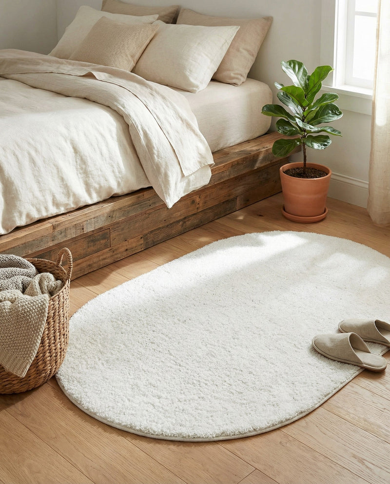 Solid Shag Seaside Collection Area Rug - Azure Cove (Snow White) Oval Snow White  lifestyle 79