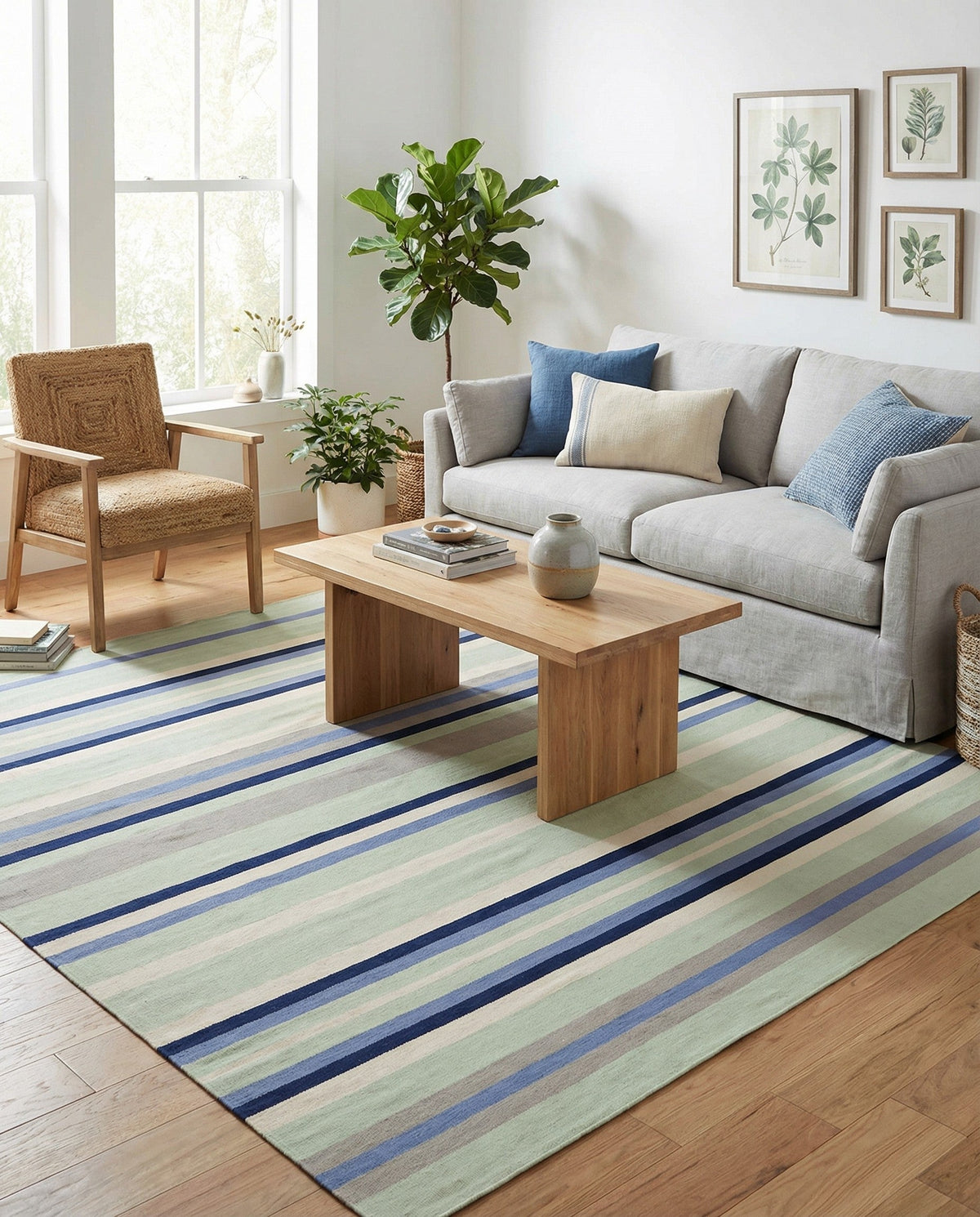 Coastal Stripe Dhurrie Collection Area Rug - Seashore Square Aqua Blue and Gray  lifestyle 127