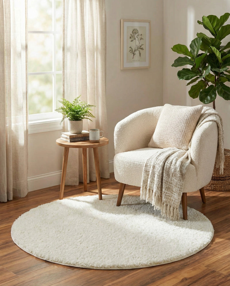 Cozy Comfort Shag Collection Area Rug - Haven (White) Round White  lifestyle 34