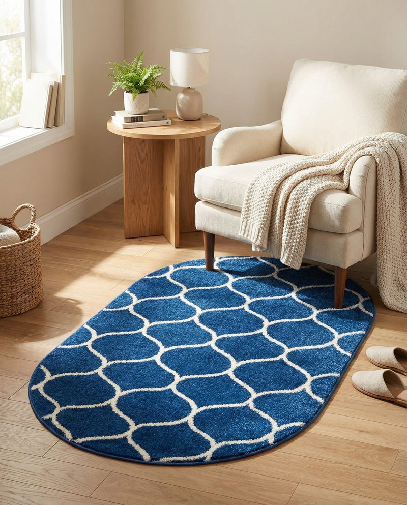 Trellis Mosaic Collection Area Rug -  Pergolatown (Navy Blue) Oval Navy Blue  lifestyle 56