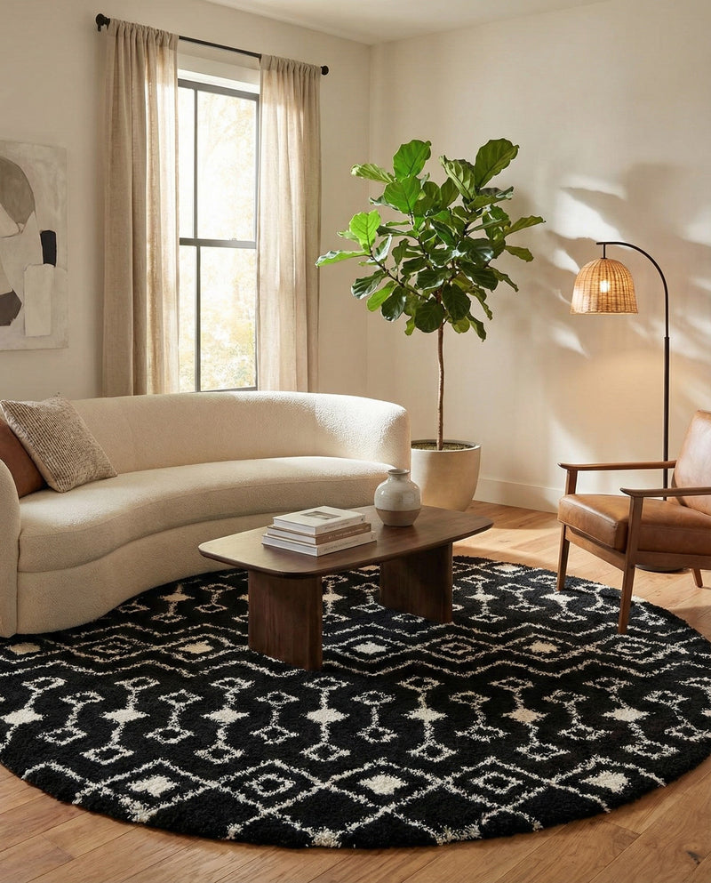 Berber Lattice Shag Collection Area Rug - Atlas (Black and White) Round Black and White  lifestyle 33