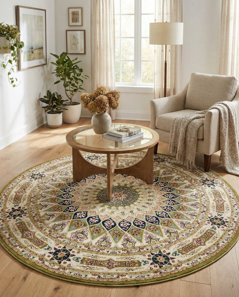 Persian Elegance Collection Area Rug -  Hamedan (Green) Round Green  lifestyle 36