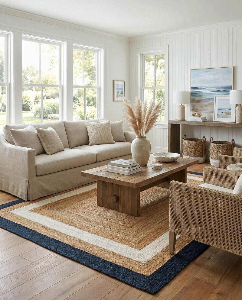 Woven Seaside Jute Collection Area Rug - Nantucket Rectangle Navy Blue White Natural  lifestyle 18
