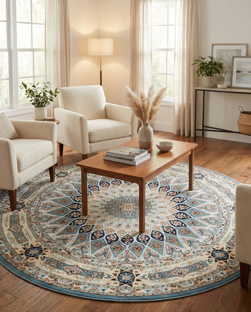 Persian Elegance Collection Area Rug -  Hamedan (Blue) Round Blue  lifestyle 94