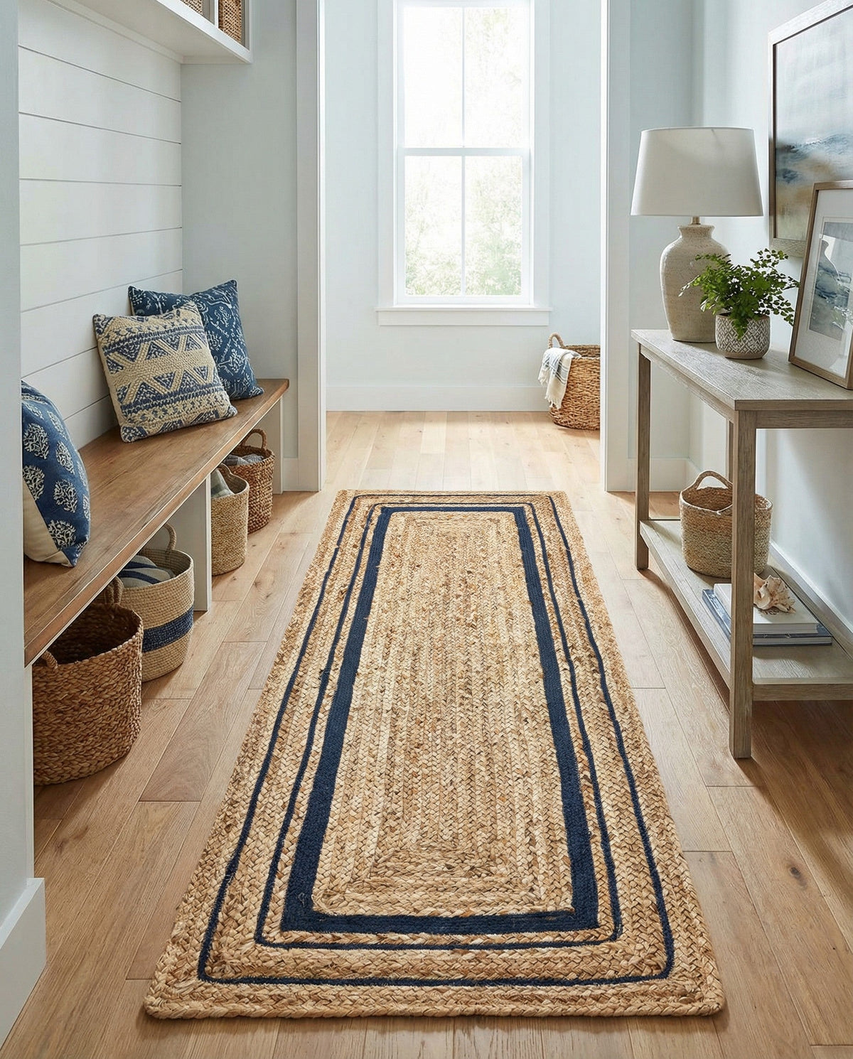 Woven Seaside Jute Collection Area Rug - Nantucket Runner Natural and Navy Blue  lifestyle 76