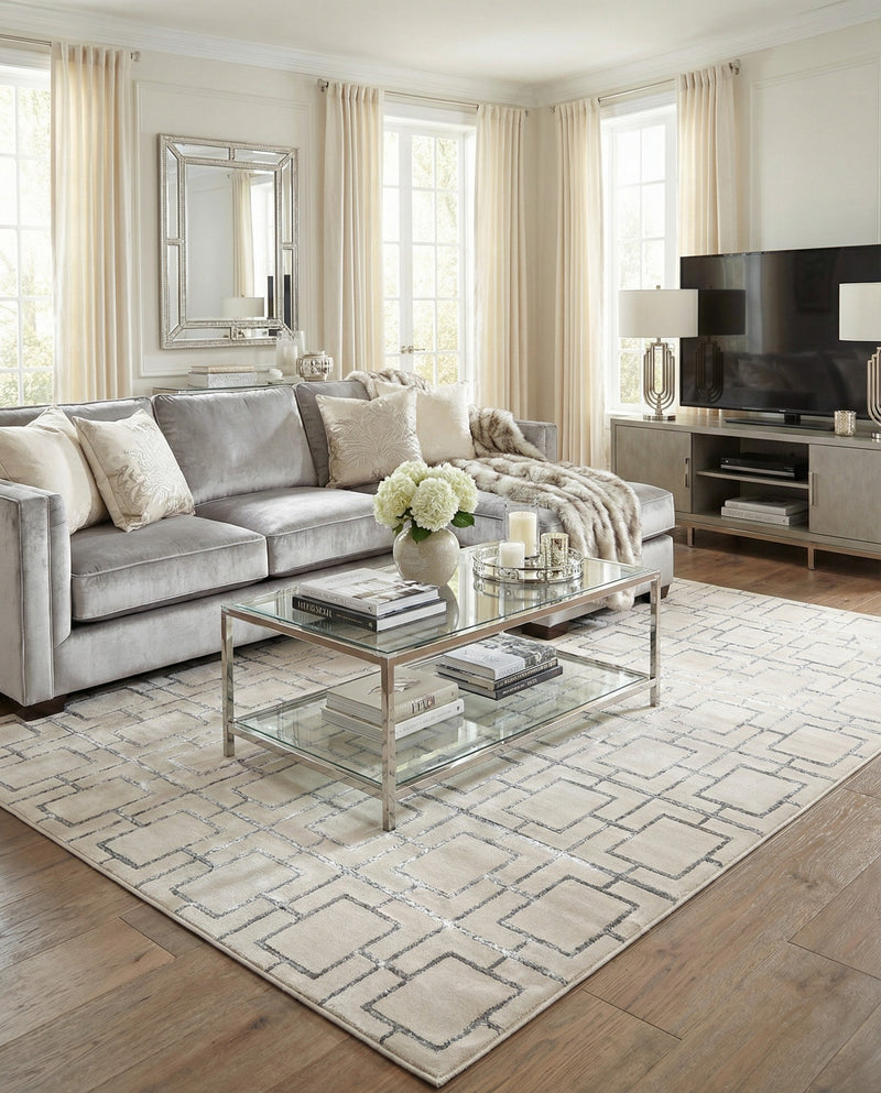 Hollywood Luxe Collection Area Rug -  Beverly (White Silver) Rectangle White Silver  lifestyle 4