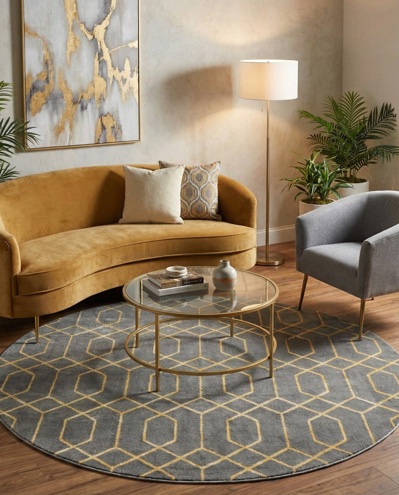 Hollywood Luxe Collection Area Rug - Sunset (Gray Gold) Round Gray Gold  lifestyle 48