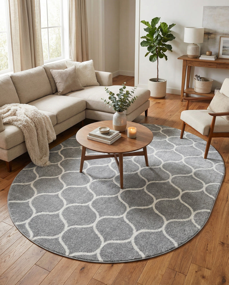 Trellis Mosaic Collection Area Rug -  Pergolatown (Light Gray) Oval Light Gray  lifestyle 52