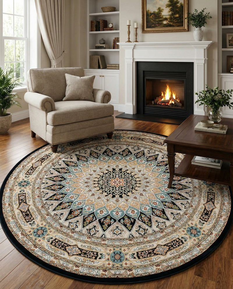 Persian Elegance Collection Area Rug -  Hamedan (Navy Blue) Round Navy Blue  lifestyle 31