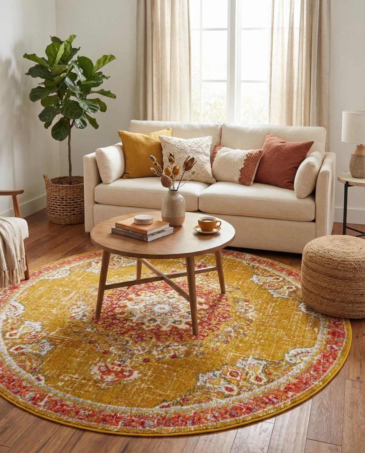 Brighton Terrace Collection Area Rug - Hove (Gold) Round Gold  lifestyle 90