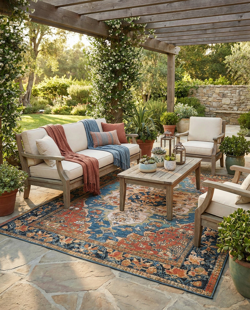 Patio Heritage Collection Area Rug -  Grove Rectangle Navy Blue and Rust Red  lifestyle 25