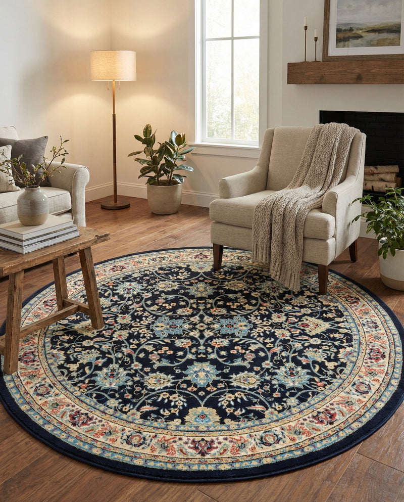 Isfahan Elegance Collection Area Rug - Naghsh-e Jahan (Navy Blue) Round Navy Blue  lifestyle 78