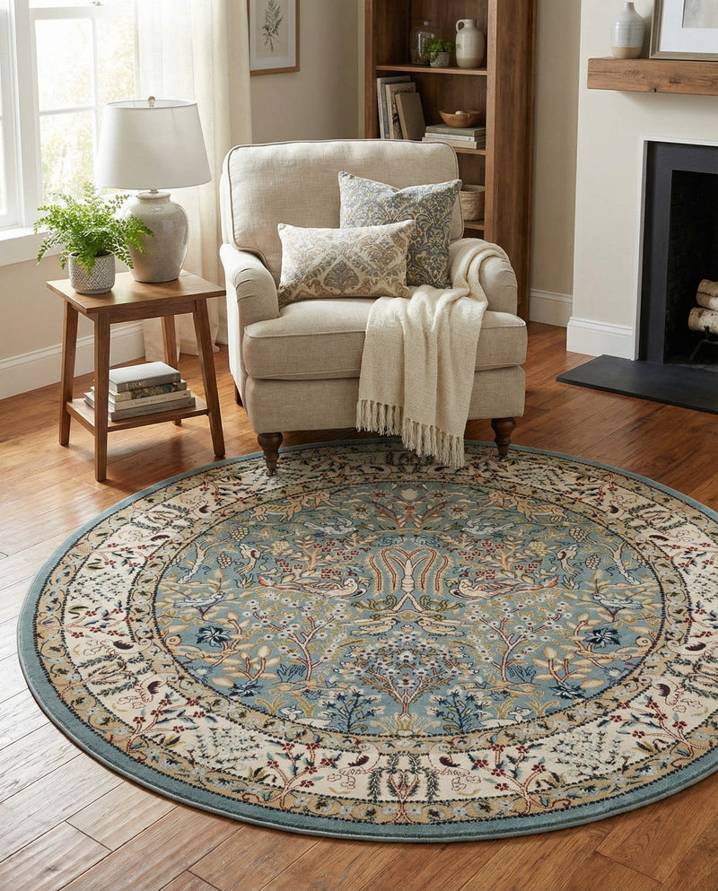 Persian Elegance Collection Area Rug -  Kerman (Blue) Round Blue  lifestyle 80