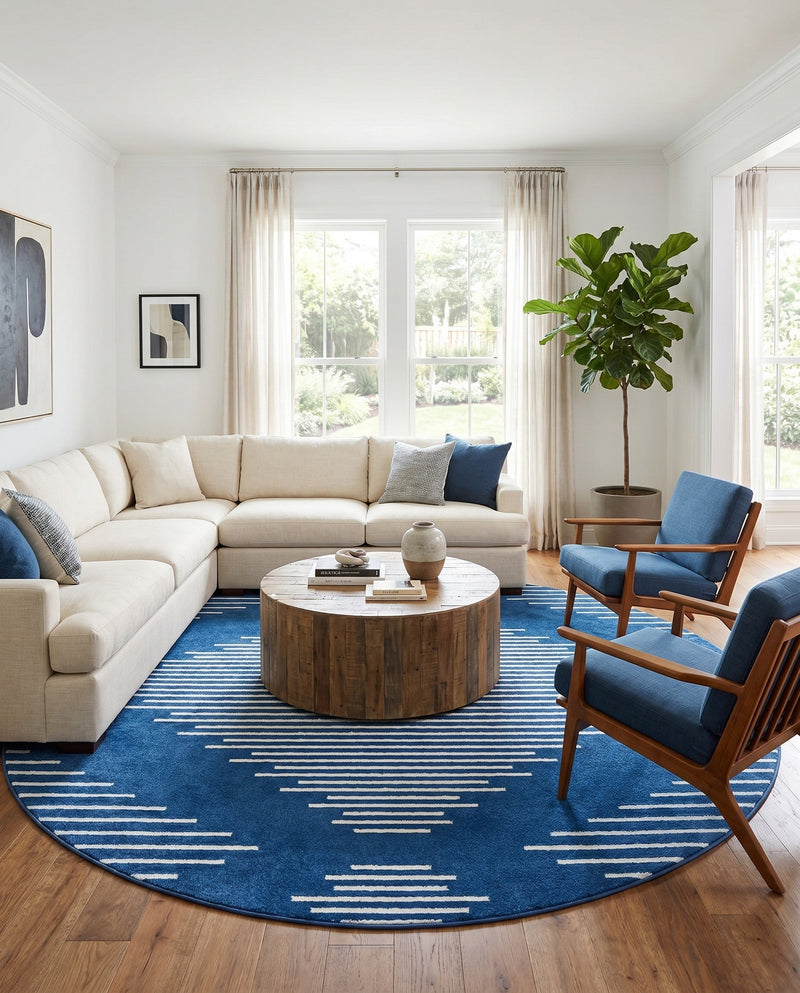 Seychelles Stripes Collection Area Rug - Mahe (Navy Blue) Round Navy Blue  lifestyle 37