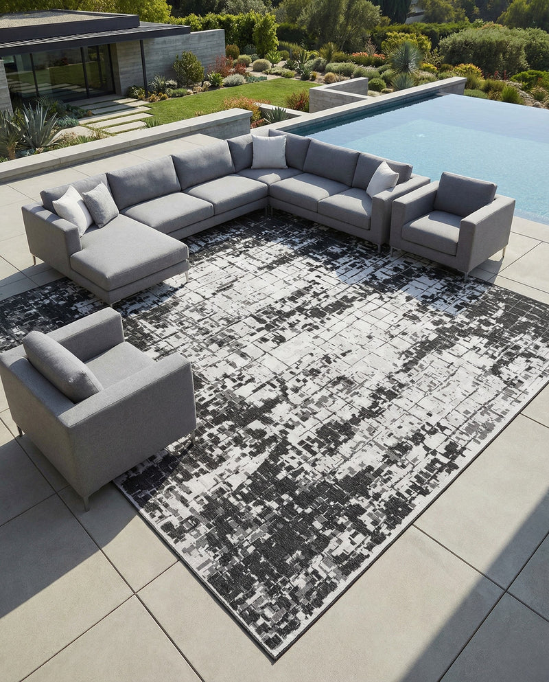 Urban Terrace Collection Area Rug -  Midtown Square Black and White  lifestyle 49