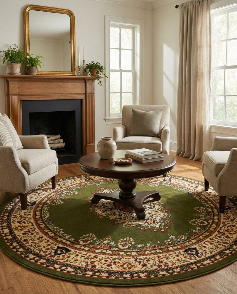 Tabriz Tapestry Collection Area Rug - Azerbaijan (Green) Round Green  lifestyle 57