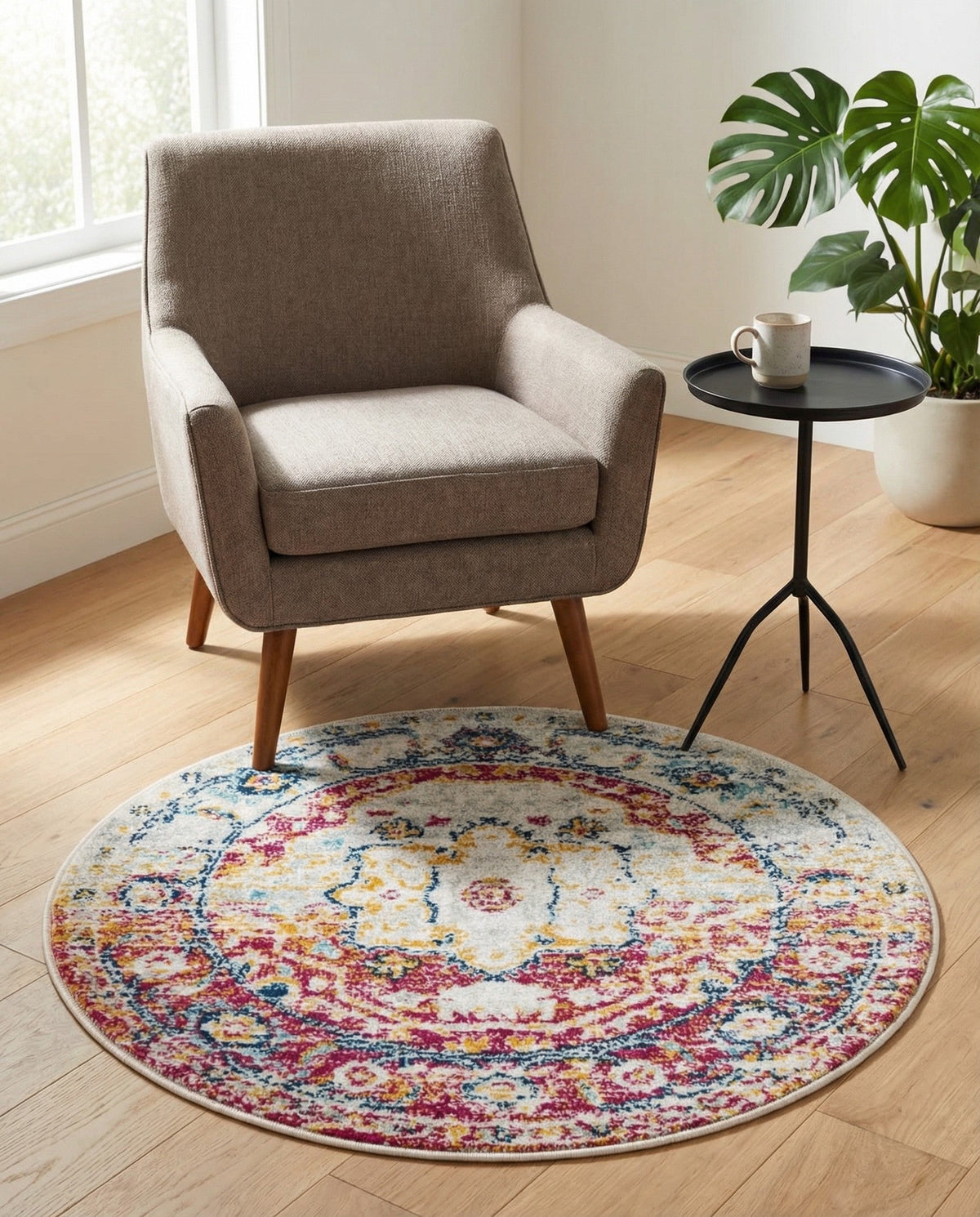 Parisian Elegance Collection Area Rug - Versailles (Pink Gray) Round Pink Gray  lifestyle 100