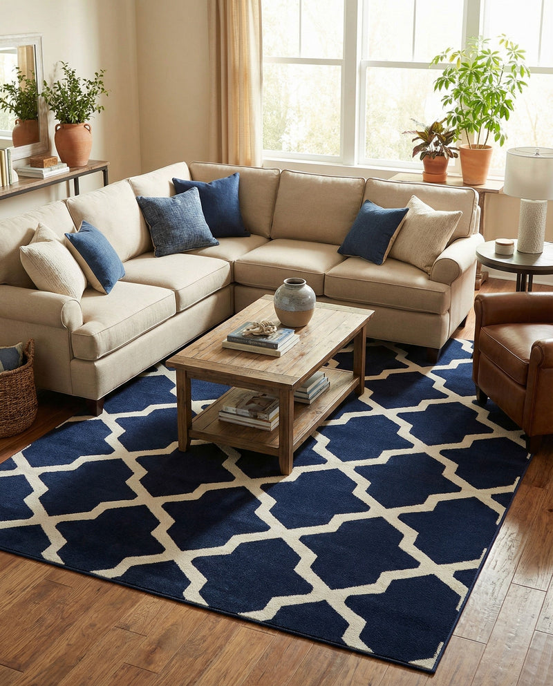 Lattice Gardens Collection Area Rug -  Floratown Rectangle Navy Blue  lifestyle 5