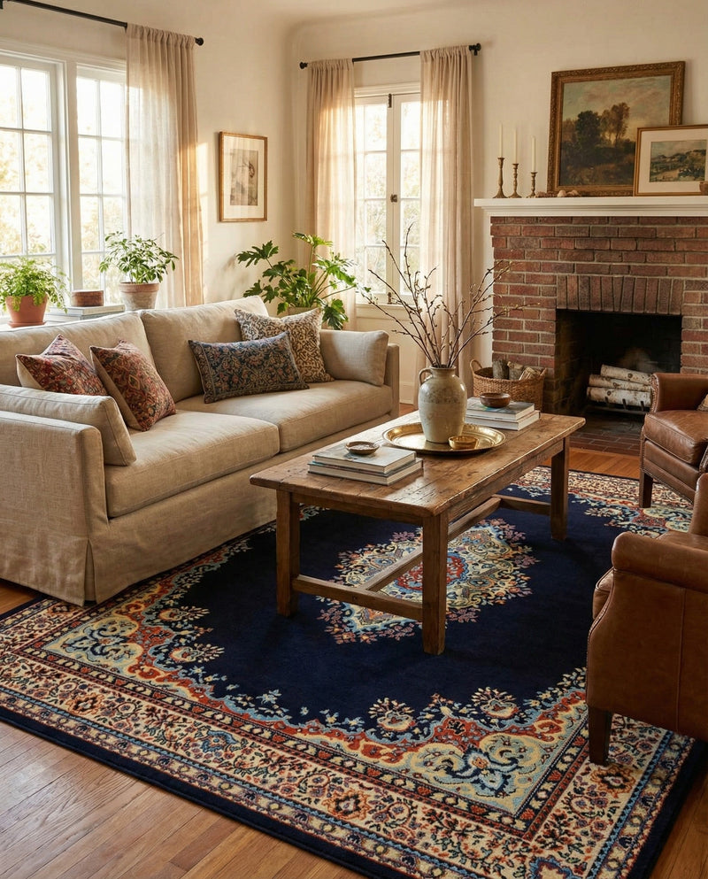 Tabriz Tapestry Collection Area Rug - Azerbaijan (Navy Blue) Rectangle Navy Blue  lifestyle 7