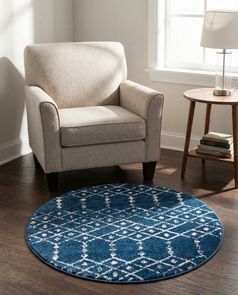 Marrakesh Lattice Collection Area Rug - Casablanca (Navy Blue) Round Navy Blue  lifestyle 43