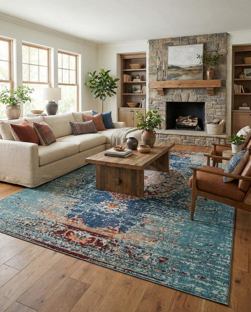 Venetian Tapestry Collection Area Rug -  Giudecca Rectangle Turquoise  lifestyle 43