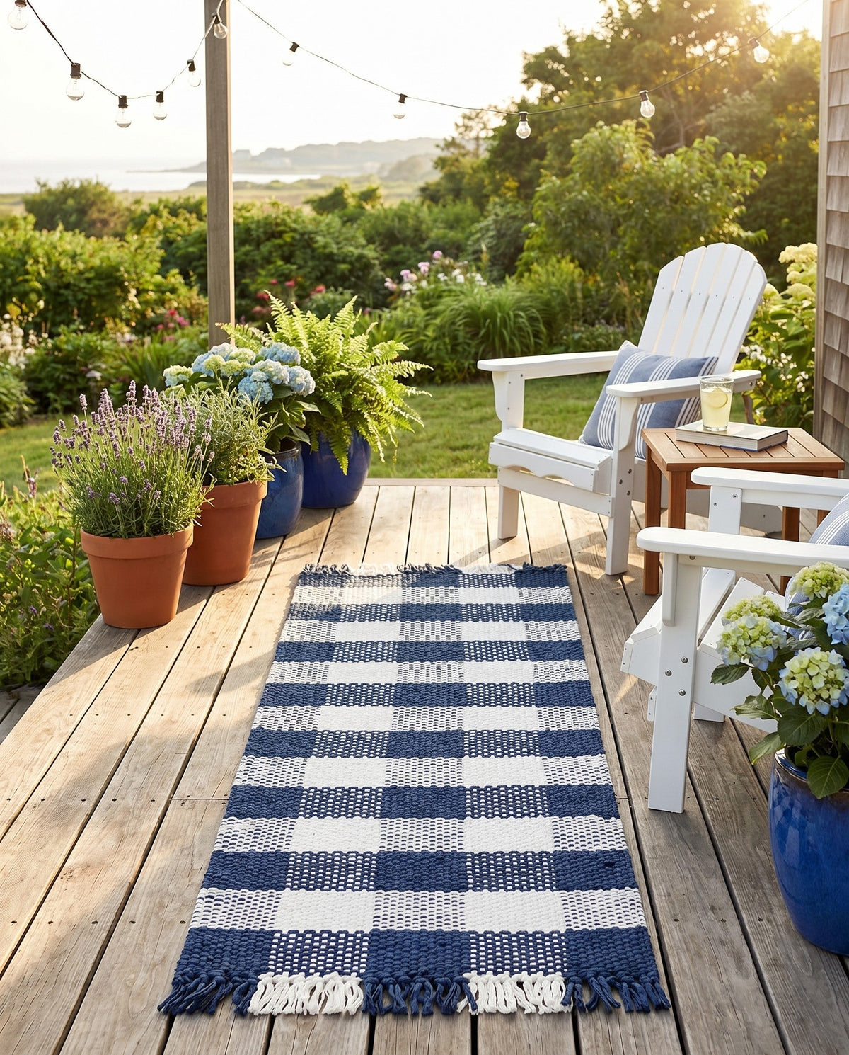 Sustainable Grid Indoor-Outdoor Oasis Collection Area Rug - Savannah Runner Navy Blue  lifestyle 208