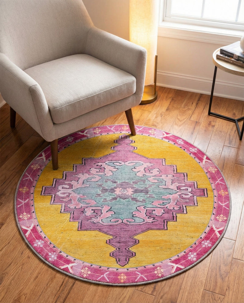 Heritage Elegance Collection Area Rug -  Winterthur (Yellow) Round Yellow  lifestyle 54