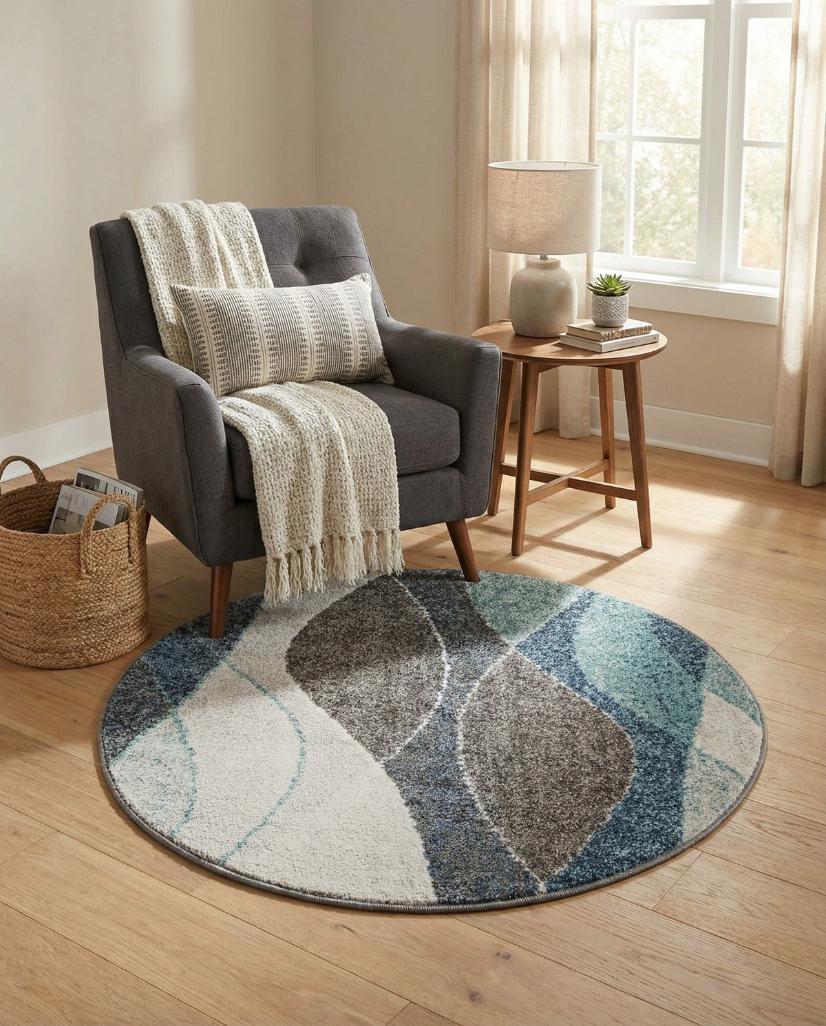 Autumn Meadow Collection Area Rug -  Emberglow Round Blue Gray  lifestyle 92