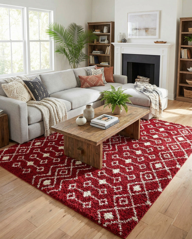 Berber Lattice Shag Collection Area Rug - Atlas (Burgundy Red) Square Burgundy Red  lifestyle 33