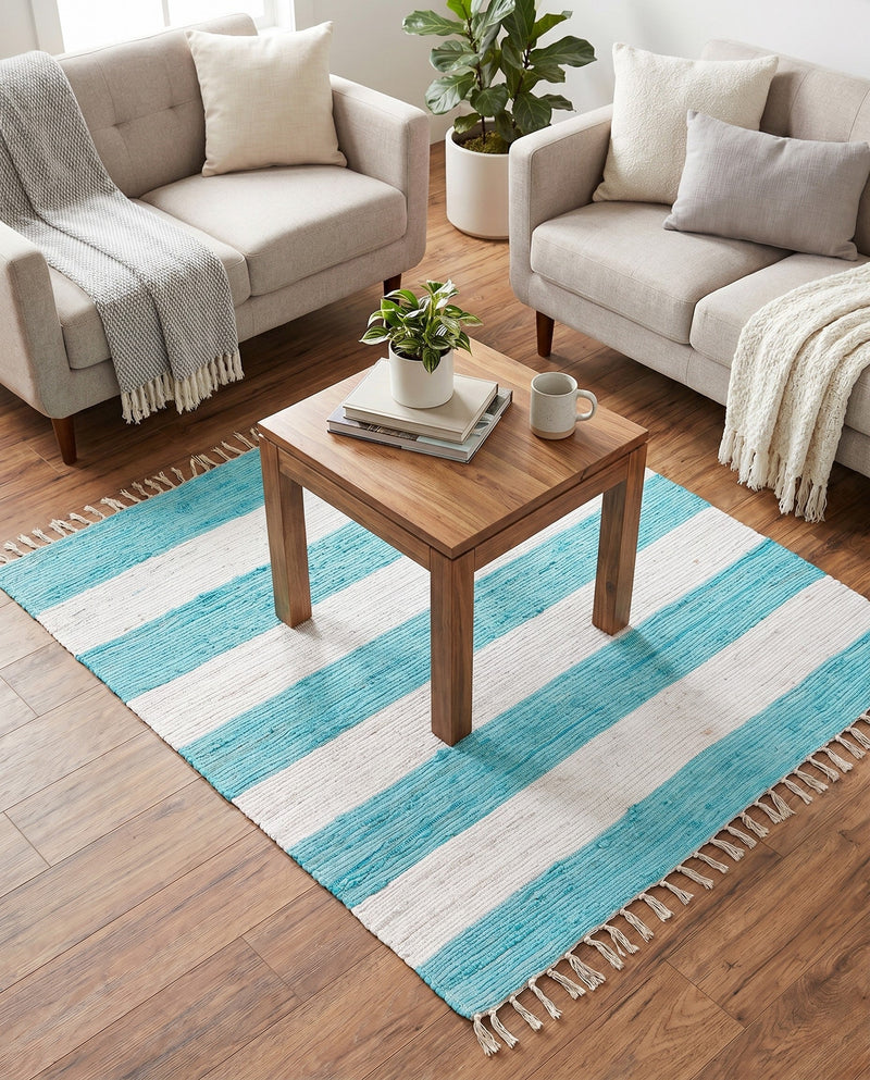 Tassel Trail Collection Area Rug - Pathway (Turquoise and Ivory) Square Turquoise and Ivory  lifestyle 38