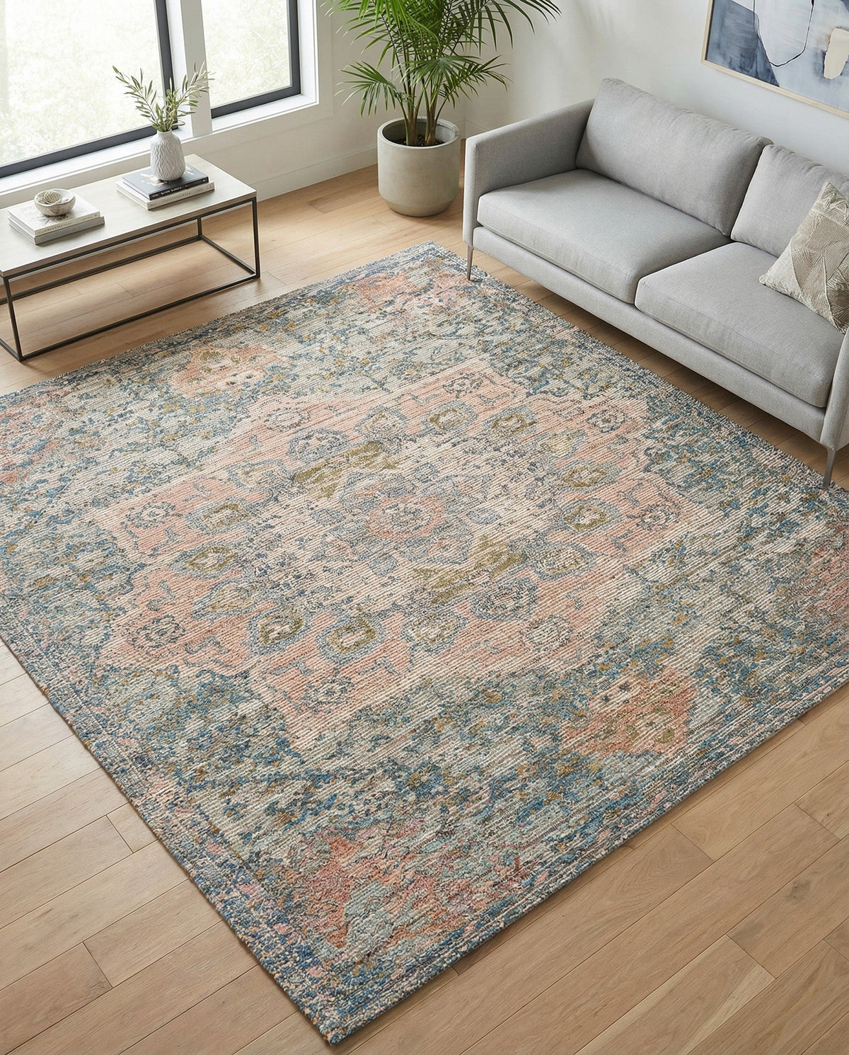Savannah Threads Collection Area Rug -  Gobi Square Blue and Peach  lifestyle 94